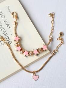 1pc Pink Bow & Heart Charm Adjustable Bracelet, Star DIY Bracelet, Ballet Style Pink Bracelet Valentines,Mom,Mother,Mother's Day,Gift - Gold - View 8