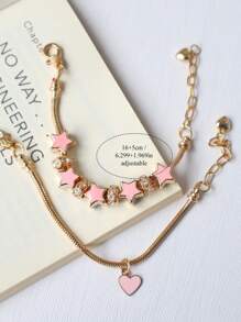 1pc Pink Bow & Heart Charm Adjustable Bracelet, Star DIY Bracelet, Ballet Style Pink Bracelet Valentines,Mom,Mother,Mother's Day,Gift - Gold - View 12