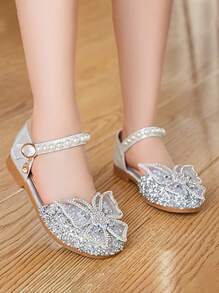Cute Bow Rhinestone Design Shiny Children's Flat Shoes, Round Toe Buckle Elegant Children's Princess Shoes, Flashing Beautiful Shine, Suitable For Primary School Students To Wear, Spring And Autumn Are All Suitable For