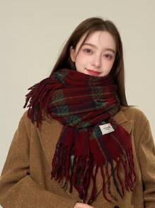 1pc Women Classic Red Plaid Scarf Shawl With Tassels, Comfortable Polyester Windproof Fashion Scarf Shawl For Ladies Winter Fall - Three-line Red Grid - View 7