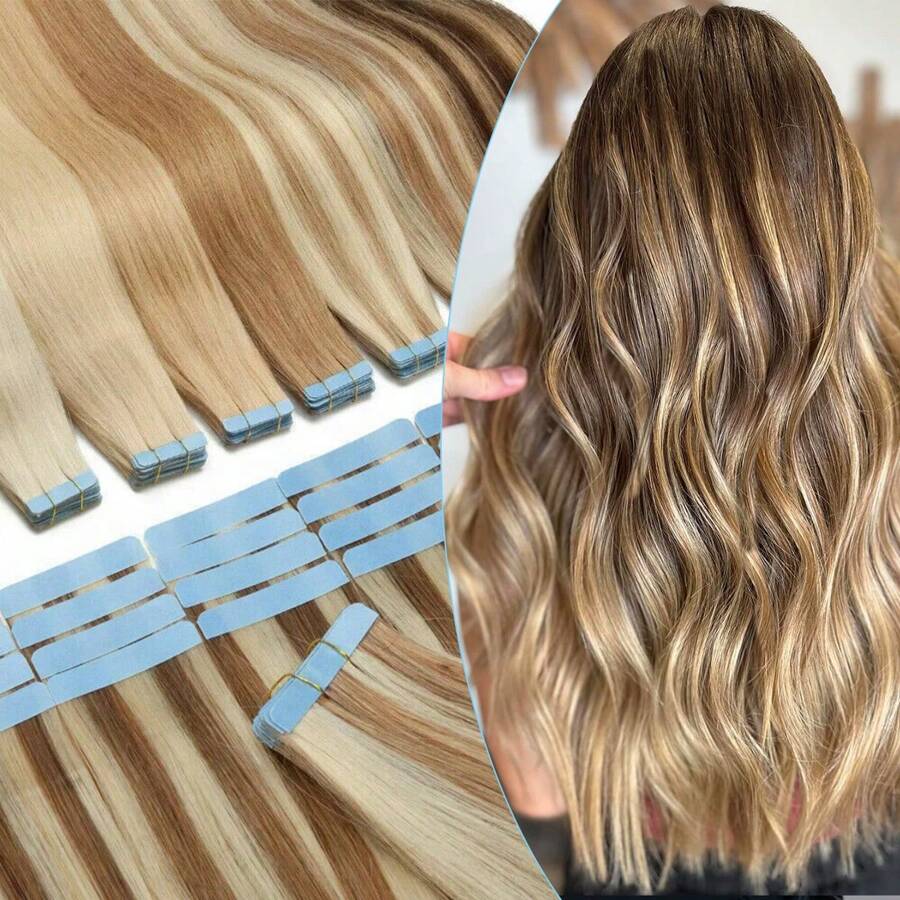 20pcs Straight Thick Tape In  Remy Human Hair Extension For Salon  Dark Brown Color 2# 16-26 Inches Silk Straight Double Side Seamless Skin Weft Hair Extension ,Feel - Easy To Apply And Reuse, High Quality Natural Style Tape In Hair  Extentions - S12/613 - Xem 1