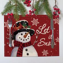 4 pièces/1 pièce Sets de table en lin imprimé de bonhomme de neige, flocons de neige, lettres pour Noël. Tapis de table décoratifs pour fête de Noël