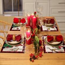 4 pièces/1 pièce Sets de table en lin à carreaux avec nain de Noël et flocon de neige, décoration de table pour fête de Noël
