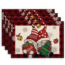 4 pièces/1 pièce Sets de table en lin à carreaux avec nain de Noël et flocon de neige, décoration de table pour fête de Noël