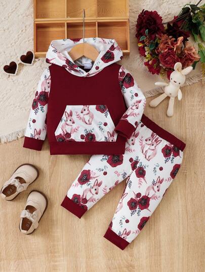 Adorable Baby Girl Hooded Top Patchwork Rabbit & Trumpet Flower + Contrast Color Digital Print Rabbit Pattern Pants 2pcs Set