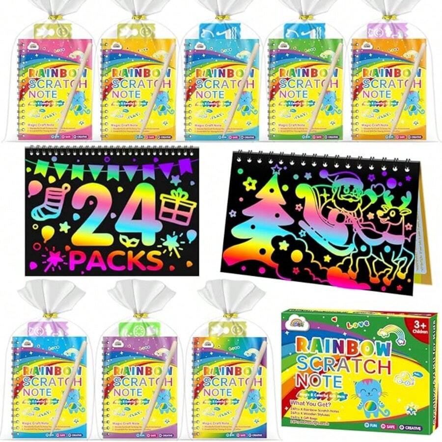 Rainbow Scratch Party Favors Kids: Birthday Gifts Bulk Scratch Art Notebook 24 Pack Scratch Paper Birthday Party Favor Girls Boys Art Craft Kit Scratch Pads Classroom Prizes , Back To School Gifts - Multicolor - View 1
