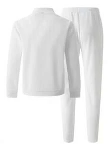 1 Set Baseball Collar Plain Long Sleeve Cardigan Jacket + Long Pants, 2pcs, Fall Clothes - White - View 3