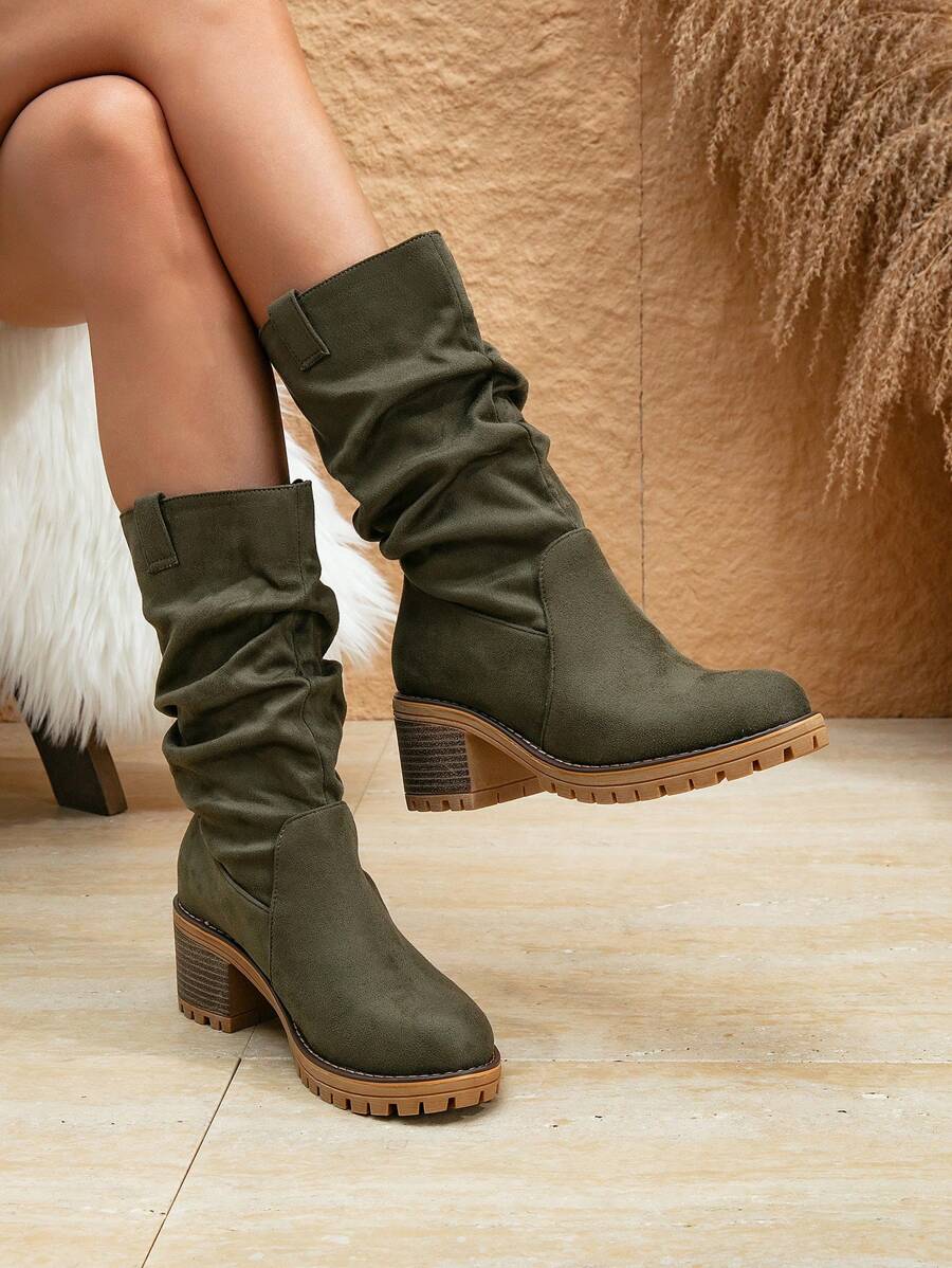 2024 Autumn/Winter New Fashion Women Ankle Boots, Casual Riding Boots, Suede Round Toe Winter Boots, Chunky Heel Western Cowboy Boots, Retro All-Match Military Green Slouch Boots, Platform Mid-Calf Boots, Slip-On Women Winter Boots, Suitable For Casual, Office, Home And Daily Wear