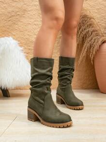 2024 Autumn/Winter New Fashion Women Ankle Boots, Casual Riding Boots, Suede Round Toe Winter Boots, Chunky Heel Western Cowboy Boots, Retro All-Match Military Green Slouch Boots, Platform Mid-Calf Boots, Slip-On Women Winter Boots, Suitable For Casual, Office, Home And Daily Wear - Army Green - View 5