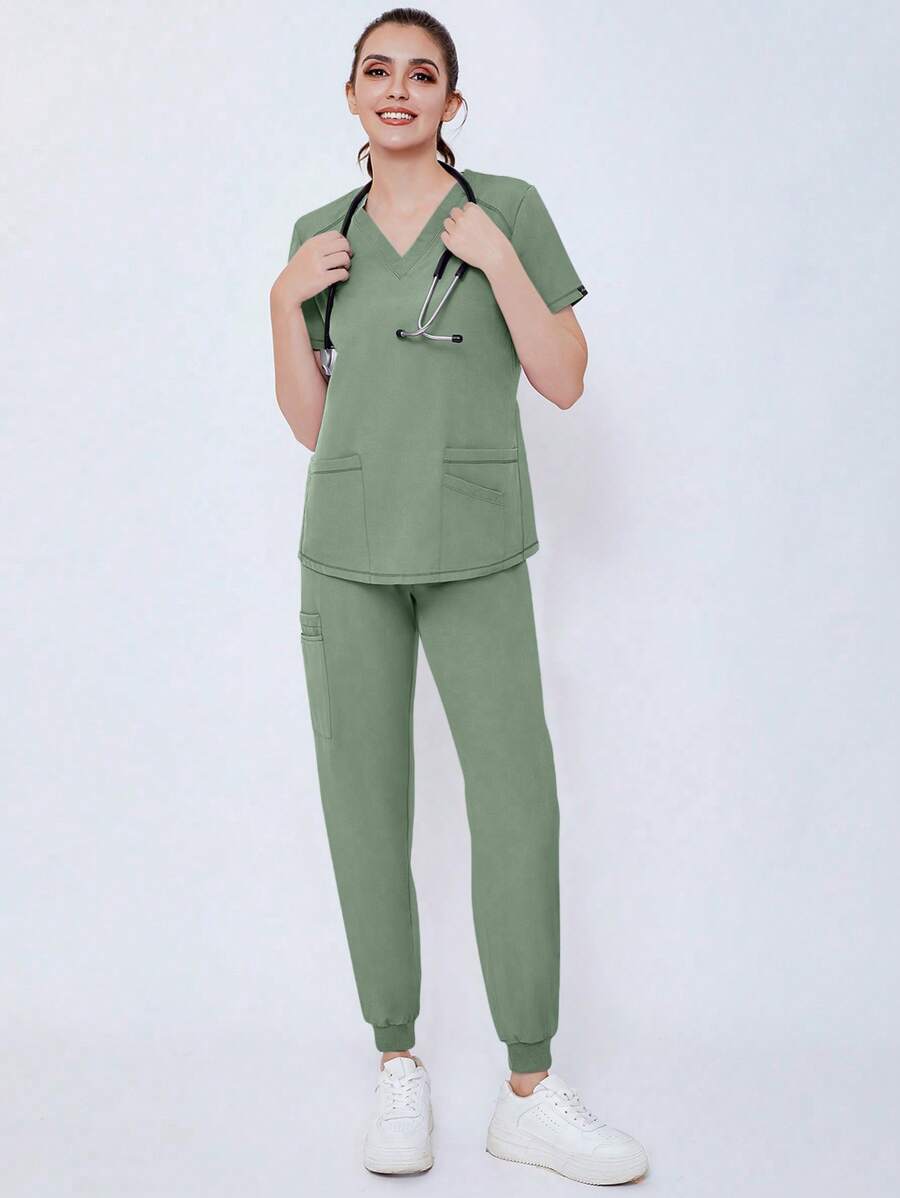 Women's Scrub Nurse Uniform Set, Elastic Sports Fabric, Breathable, With Pockets - Green - View 1