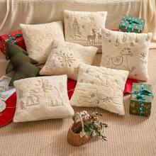 1 buah Sarung Bantal Motif Rusa & Kepingan Salju Natal, Sarung Bantal Dekoratif, Lembut & Nyaman, Bordir - Putih Krem - View 4