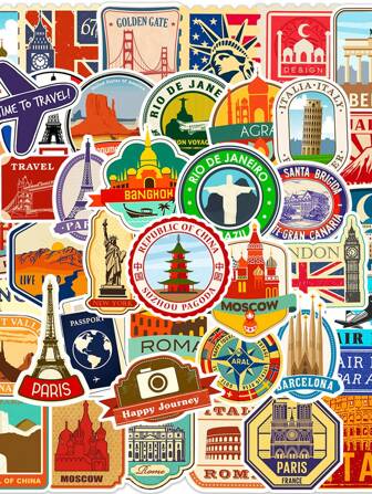 50/100张复古旅行贴纸，适用于笔记本电脑装饰，防水PVC材质，摩托车头盔，汽车贴纸，礼盒装饰，标签贴纸，信封封口，涂鸦贴纸，吉他，笔记本，行李箱DIY装饰