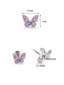 1pc Fully Rhinestone Dual Tone Titanium Surgical Steel 20G Butterfly External Threaded Tragus Helix Cartilage Stud Piercing Earring
