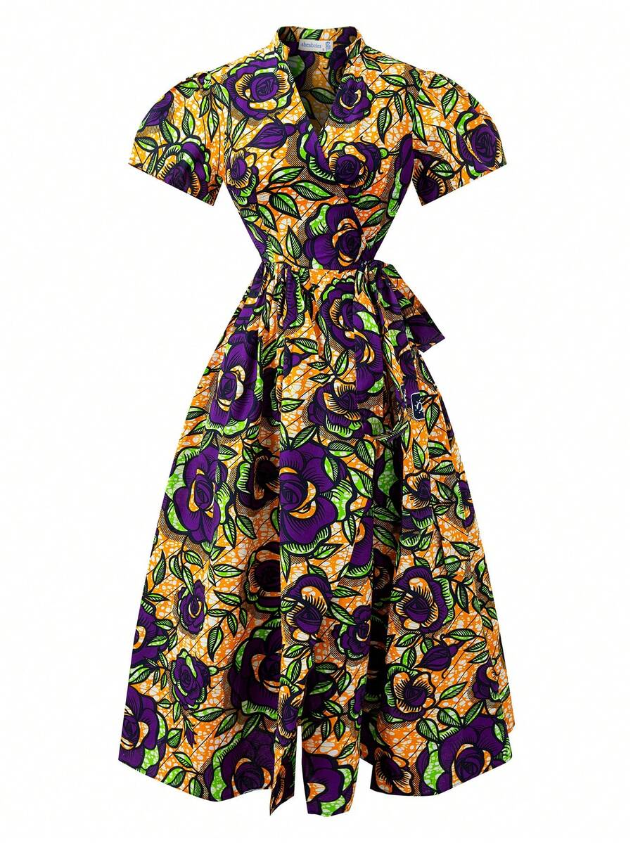 African Ankara Print Wrap Long Dress For Women - Multicolor - View 1