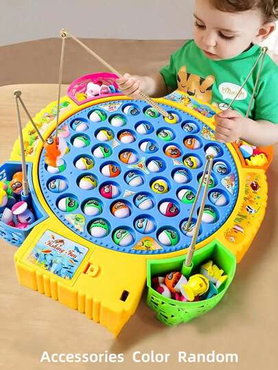 1pc Electric Fishing Toy With Music & Rotating Fishing Plate, 3 Sizes Available, Perfect Birthday/Halloween/Christmas Gift For Boys & Girls, Random Color Accessories