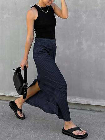 Casual Striped A-Line Slit Skirt, Daily Wear