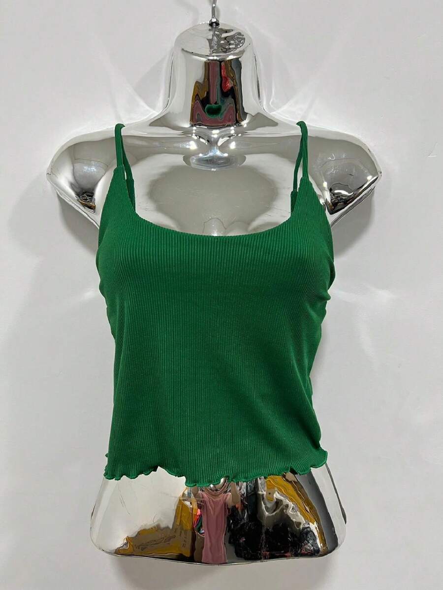 Cropped Ribbed Basic Ruffle Straps - 橄欖綠 - 查看 1