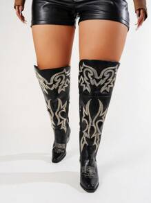 Wide Fit Floral Embroidery Pointed Toe Thigh High Boots With Zipper Closure, Plus Size