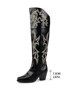 Wide Fit Floral Embroidery Pointed Toe Thigh High Boots With Zipper Closure, Plus Size