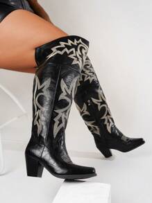 Wide Fit Floral Embroidery Pointed Toe Thigh High Boots With Zipper Closure, Plus Size