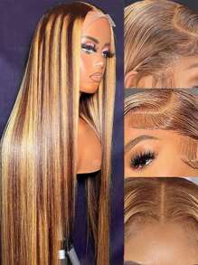 Eulisi P4/27 高光渐变色 5*5 蕾丝闭合假发 真人发 5x5 高清蕾丝闭合假发 女士真人发 已拔婴儿发 180 密度 5x5 直湿波浪蕾丝前假发 28 英寸 - 間色 - 查看 4