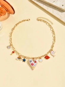 1 件时尚时髦的金属珠宝项链，夸张的彩色彩绘心形、嘴唇、贝壳、海豚、彩虹、云朵吊坠装饰，可调节长度的项链适合日常佩戴，是母亲节的精致礼物 - 彩繪愛心 - 查看 2