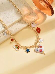 1 件时尚时髦的金属珠宝项链，夸张的彩色彩绘心形、嘴唇、贝壳、海豚、彩虹、云朵吊坠装饰，可调节长度的项链适合日常佩戴，是母亲节的精致礼物 - 彩繪愛心 - 查看 3