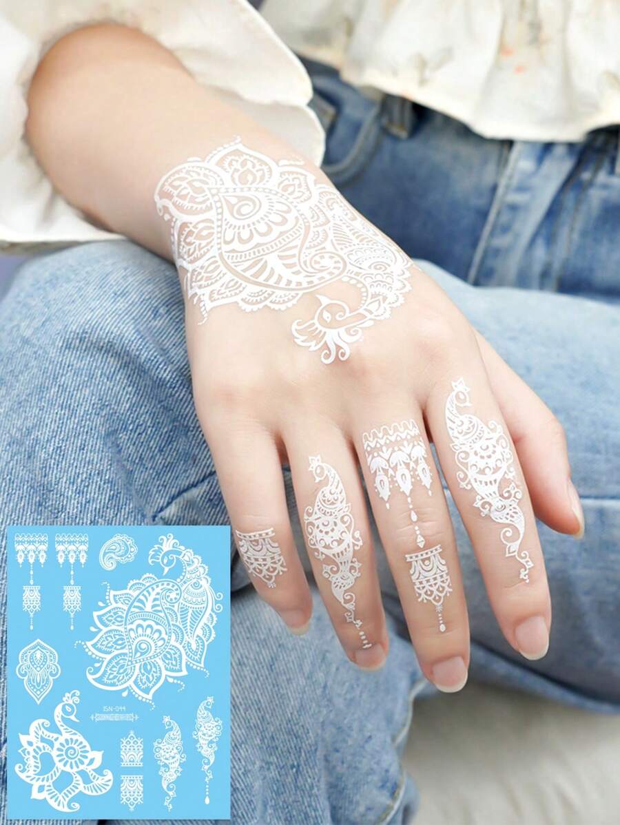 6片蓝色夜光蝴蝶临时纹身贴纸，蕾丝蝴蝶海娜美甲贴纸，防水，可持续2-5天 - 白色 - 查看 1