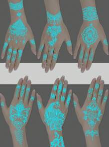 6片蓝色夜光蝴蝶临时纹身贴纸，蕾丝蝴蝶海娜美甲贴纸，防水，可持续2-5天 - 白色 - 查看 3