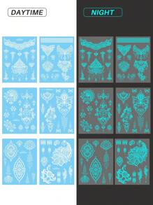 6片蓝色夜光蝴蝶临时纹身贴纸，蕾丝蝴蝶海娜美甲贴纸，防水，可持续2-5天 - 白色 - 查看 8