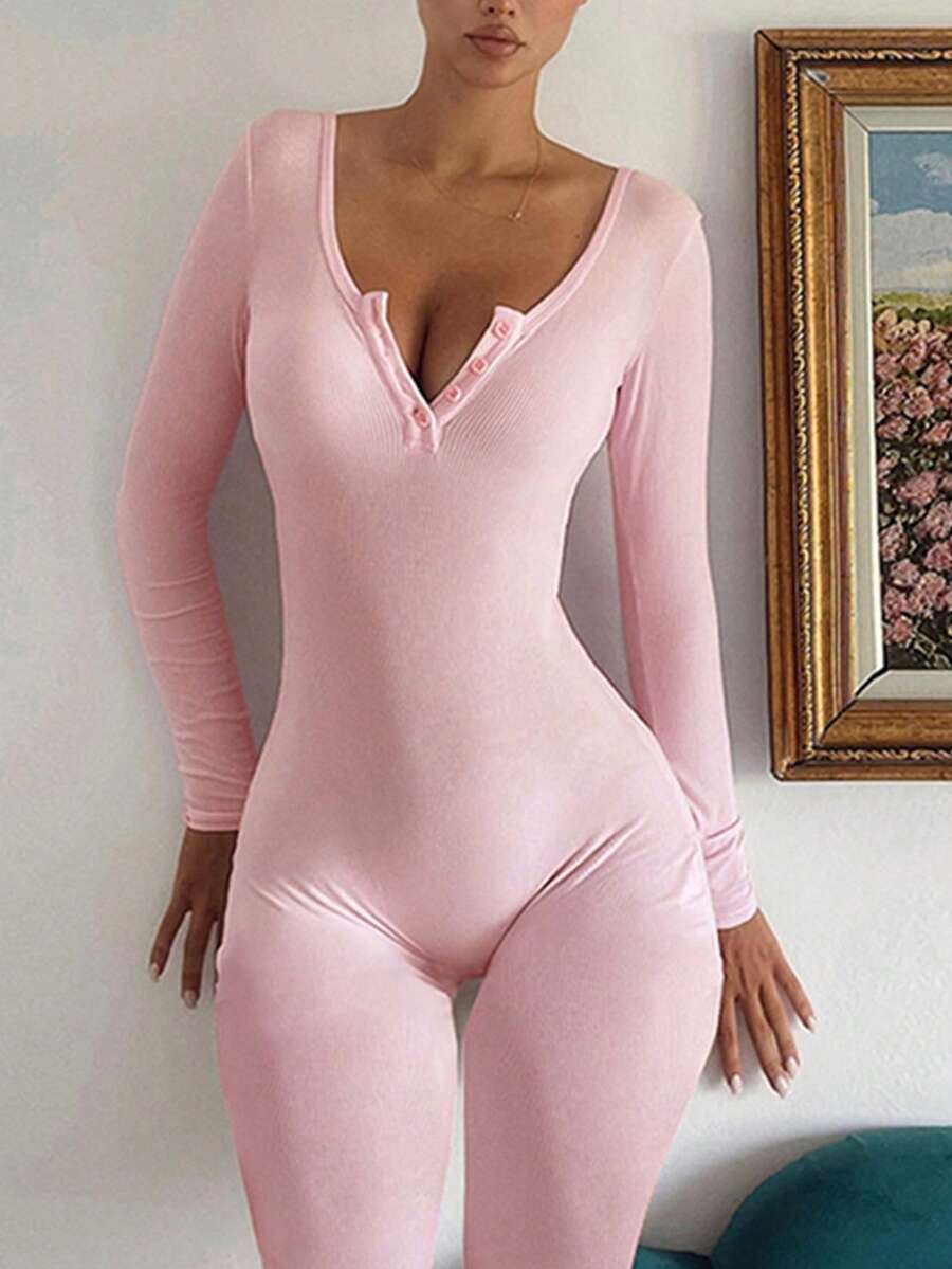 Street Style Button-Up Long Sleeve Fitted Bodycon Jumpsuit - Pink - View 1