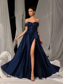 Faeriesty Elegant Shimmering Sequin-Satin Evening Gown With Side-Slit Design | Luxury Gala Look For Weddings, Parties Or High-End Events Party Dress Wedding Guest Dress Formal Dress Evening Dress