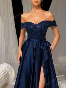Faeriesty Elegant Shimmering Sequin-Satin Evening Gown With Side-Slit Design | Luxury Gala Look For Weddings, Parties Or High-End Events Party Dress Wedding Guest Dress Formal Dress Evening Dress