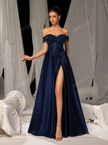 Faeriesty Elegant Shimmering Sequin-Satin Evening Gown With Side-Slit Design | Luxury Gala Look For Weddings, Parties Or High-End Events Party Dress Wedding Guest Dress Formal Dress Evening Dress