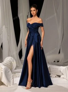 Faeriesty Elegant Shimmering Sequin-Satin Evening Gown With Side-Slit Design | Luxury Gala Look For Weddings, Parties Or High-End Events Party Dress Wedding Guest Dress Formal Dress Evening Dress