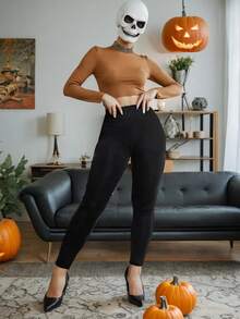 骷髅手指图案高腰塑身保暖紧身裤，哥特暗黑风格，弹力修身休闲高腰瑜伽保暖内衬女式紧身裤 - 黑色 - 查看 5