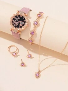 1 Pc Girls Pink PU Strap Cute Rhinestone Heart Shaped Dial Quartz Watch & 5 Pcs Rhinestone Jewelry Set Gift - Pink - View 1