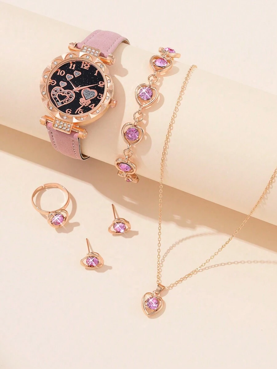 1 Pc Girls Pink PU Strap Cute Rhinestone Heart Shaped Dial Quartz Watch & 5 Pcs Rhinestone Jewelry Set Gift - Pink - View 1