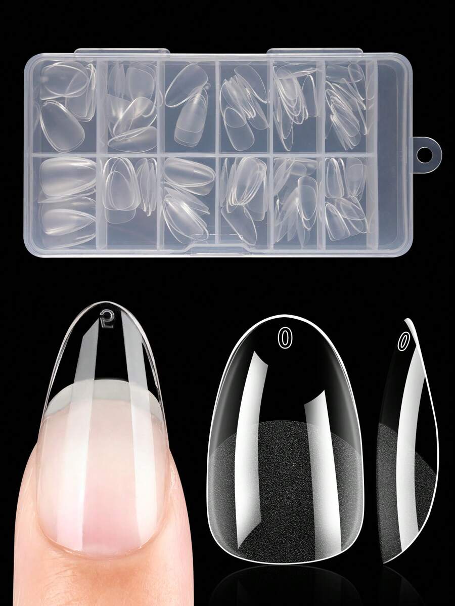 120片/盒 全覆盖假指甲，亚克力美甲用品，半哑光无缝指甲，透明短杏仁形指甲贴纸