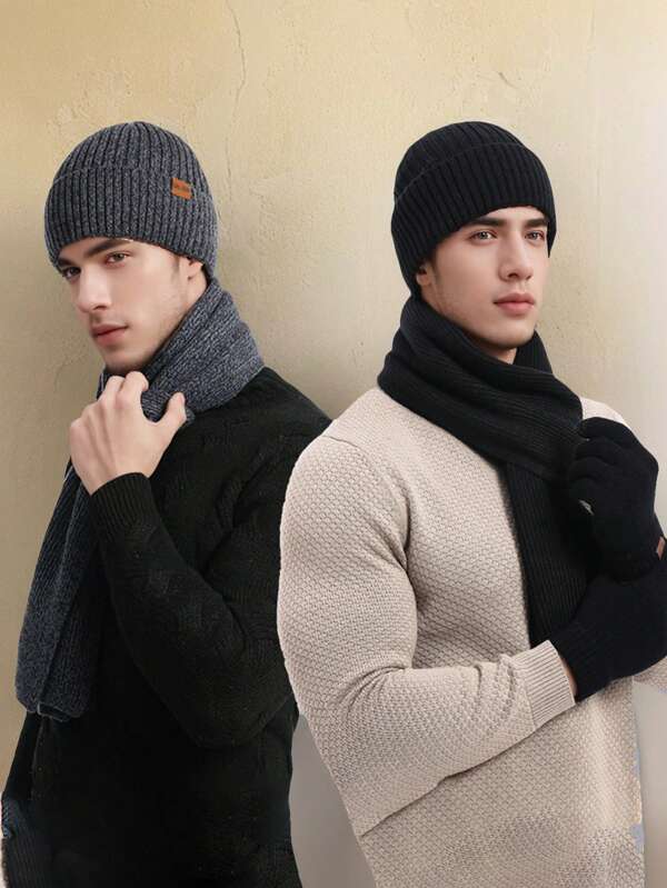 3pcs Men Solid Color Knitted Warm Hat, Scarf And Gloves Set, Thick, Suitable For Winter Outdoor Travel Cycling Daily Commute, Christmas Gift For Family Friends And Lovers