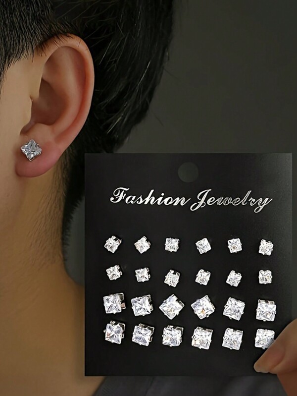 17KM 24pcs Cubic Zirconia Square Stud Earrings Set, Unisex, For Holiday, Date, Birthday, Christmas Gift, Casual Everyday Wear