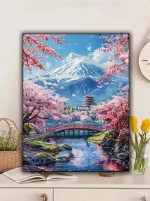 成人 5D 钻石画套装，全钻山水画，带圆形钻石，帆布 DIY 工艺套装，马赛克家居墙面装饰，适合初学者的项目，日本樱花山景