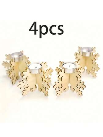 4pcs/Set Wooden Snowflake Candle Holders - Polished, Suitable For Christmas Table And Living Room Decor (Candles Not Included)