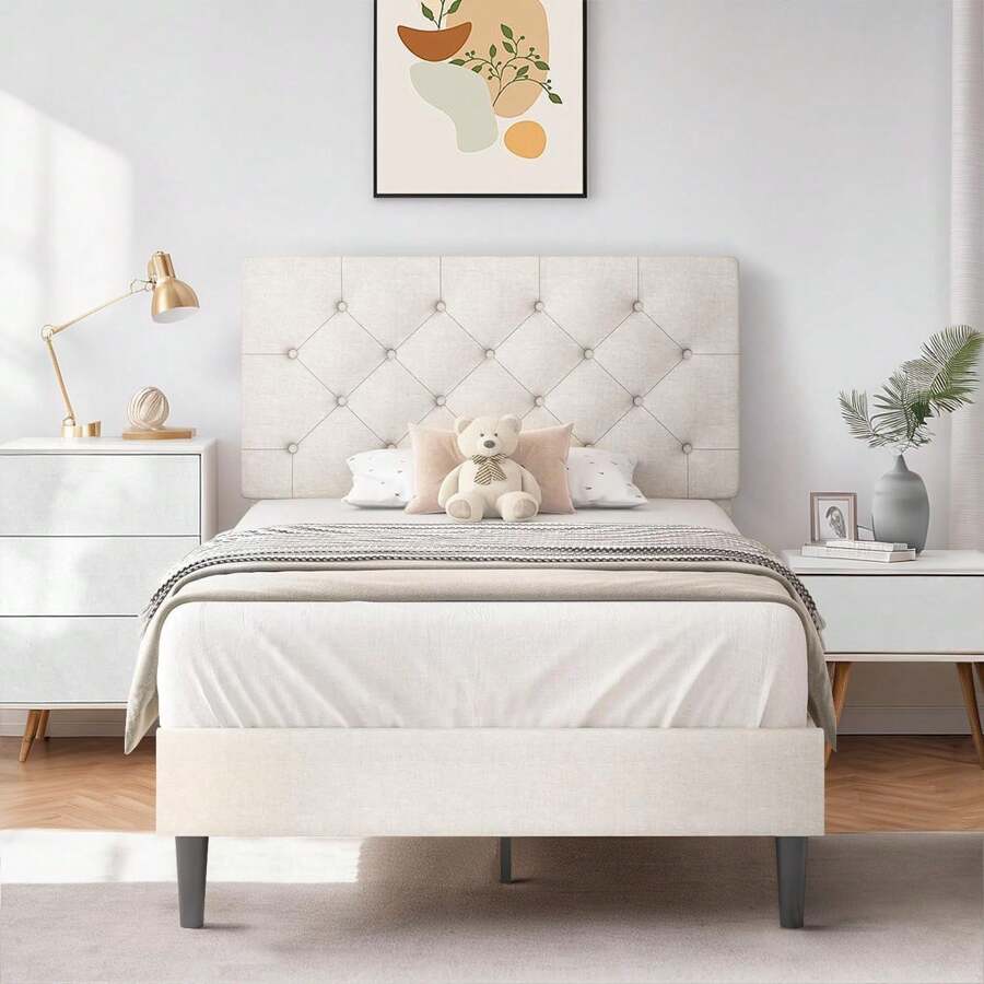 Upholstered Bed Frame With Headboard, Linen Fabric Bed Frame With Button Tufted Headboard, No Box Spring Needed, Easy Assembly, Twin/ Full/ Queen/ King, Beige/ Pink/ Dark Grey/ Grey/ Blue/ Cream/ Black