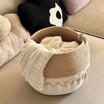 OYHOMO Tassel Decor Storage Basket Woven Rope Basket Home Decor Plants Basket Small Laundry Basket Blanket Basket For Organizing Toys, Clothes, Blanket, Snacks, Christmas Gift Basket Home Organization And Storage, Room Decor, Room Decor Bedroom, Bohemian Rope Plant Pot Basket, Natural Mix Rattan Garden Decor, Metal Frame Boho Baskets For Outdoor Coastal Vibes, Geometric Basket,For Back To School