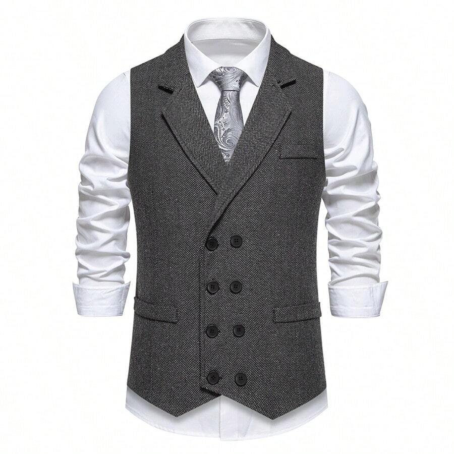 Vintage Men's Herringbone Double Breasted Waistcoat, Lapel Design