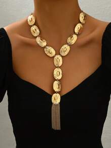 1pc Fashionable Gold Metal Geometric Oval Linked Combination Metal Texture Long Y-Necklace - Gold - View 1