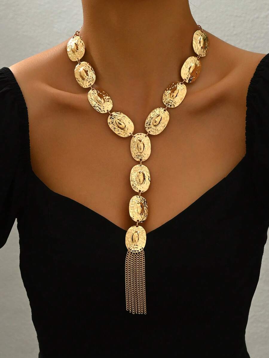 1pc Fashionable Gold Metal Geometric Oval Linked Combination Metal Texture Long Y-Necklace - Gold - View 1