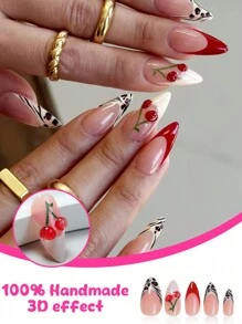 24 chiếc móng tay giả dài vừa phải làm thủ công màu hạnh nhân, nhiều màu, họa tiết sọc ngựa vằn, phong cách Pháp và quả anh đào 3D dành cho nữ, dùng hàng ngày - Nhiều màu - Xem 1