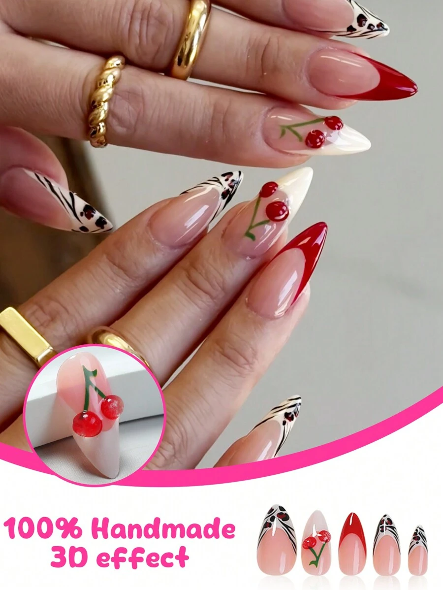 24 chiếc móng tay giả dài vừa phải làm thủ công màu hạnh nhân, nhiều màu, họa tiết sọc ngựa vằn, phong cách Pháp và quả anh đào 3D dành cho nữ, dùng hàng ngày - Nhiều màu - Xem 1